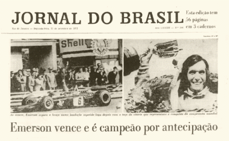 Emerson Fittipaldi estampado na capa do Jornal do Brasil, noticiando o seu primeiro título mundial.